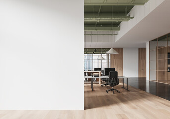 Poster - empty white wall mockup in modern office space with minimalist design and wood accents, featuring de