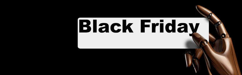 Aufkleber - Extreme close-up of a wooden hand (ebony wood mannequin hand) holding a Black Friday sign, isolated on a black background with copy space. Generative Ai.