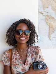 Poster - Travel essentials like a map, compass, small camera, and sunglasses show readiness for exploration and adventure in sunny locations. Generative AI