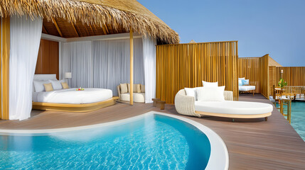 Aufkleber - A luxurious overwater bungalow featuring a private pool, stylish decor, and a serene tropical setting