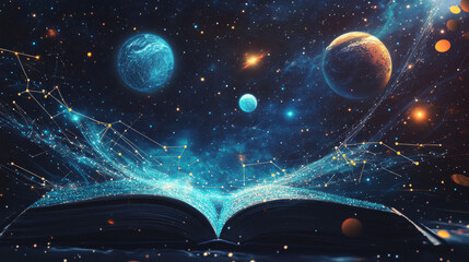 Poster - Abstract image of a open book in the form of a starry sky or space, consisting of points, lines, and shapes in the form of planets, stars and the universe. Vector business