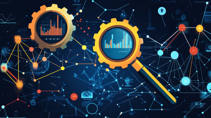 Poster - Analytics. Magnifying glass and two gears. Gearing vector low poly wireframe in the form of starry sky or space, consisting of points, lines, and shapes in the form of stars with destruct shapes