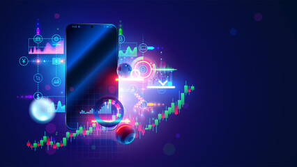 Leinwandbilder - Mobile bank conceptual illustration. Internet online banking on phone. Online bank on screen phone mockup. Banking financial charts, service icons around phone. Mobile fintech. Banking App concept.