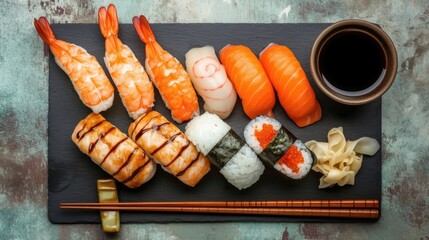 Wall Mural - Delicious Sushi Platter:  Shrimp, Salmon, and Rice Delights, Served with Soy Sauce and Pickled Ginger, Appealing Japanese Cuisine