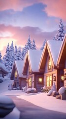 Poster - Snow-covered cabins glow warmly under a pastel winter sunset, AI