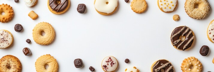 Aufkleber - Various cookies and sweets are artistically displayed on a white background, featuring diverse shapes and flavors with room for additional text. Generative AI