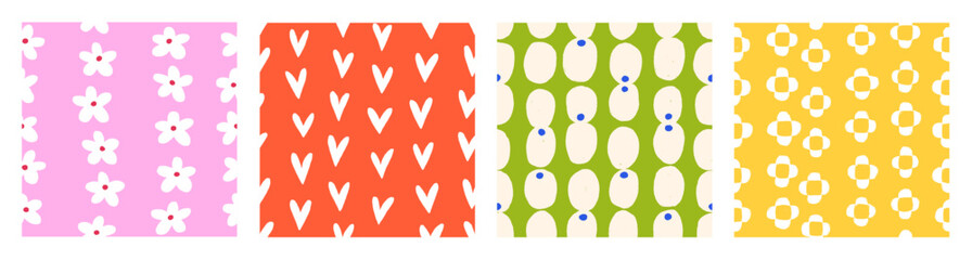 Fototapete - Seamless abstract patterns set with flowers and hearts in modern naive simple style. Floral textures, endless summer backgrounds, repeating prints for fabric, textile. Colored flat vector illustration