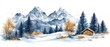 © TYNQ - A serene winter landscape featuring mountains, trees, and a cozy cabin.