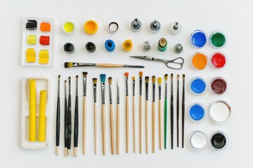 Poster - Colorful DIY tools like brushes, scissors, and paints are neatly arranged on a white surface, providing ample space for creativity and innovation. Generative AI