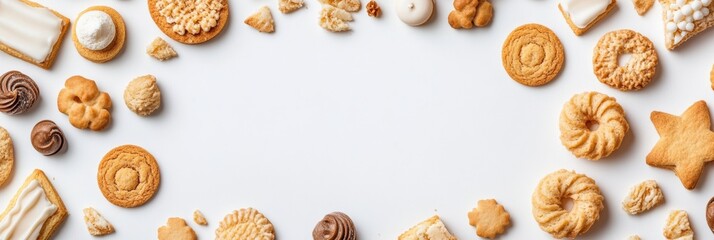 Aufkleber - Variety of cookies and sweets arranged artistically on a white surface, leaving space for custom text or design additions. Generative AI