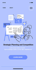 Poster - strategic planning and competition concept with a woman pointing at a whiteboard surrounded by chart