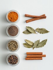 Fototapete - Small jars filled with vibrant spices are neatly arranged with bay leaves and cinnamon sticks on a clean white surface, offering room for text. Generative AI