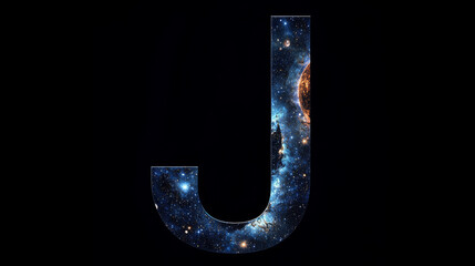 Poster - Abstract image of the letter J of a starry sky or space, consisting of points, lines, and shapes in the form of planets, stars and the universe. Vector business