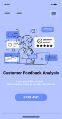 Poster - customer feedback analysis concept doodle style woman analyzing data on laptop with charts stars and