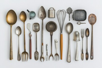 Aufkleber - A variety of kitchen utensils including spatulas, spoons, and whisks are neatly arranged on a white background, perfect for culinary inspiration. Generative AI