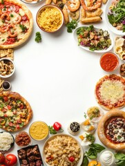 Poster - Cuisines from Italy, Japan, and Mexico are beautifully arranged on a white surface, creating a vibrant culinary display with room for text. Generative AI