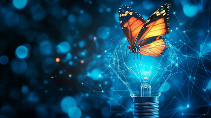 Poster - abstract butterfly fluttering inside a digital light bulb. visionary concept in blue polygons and li