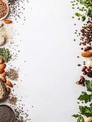 Poster - A variety of organic seeds, nuts, and fresh herbs are arranged on a clean white background, providing ample space for additional text or branding. Generative AI