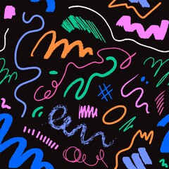 Fototapete - Seamless scribble pattern with colored doodles, squiggles and brushstroke drawings. Abstract repeating texture, endless background for wrapping, textile design. Modern hand-drawn vector illustration