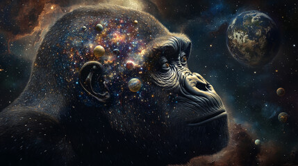 Poster - Abstract image of a gorilla head in the form of a starry sky or space, consisting of points, lines, and shapes in the form of planets, stars and the universe. Vector business wireframe concept