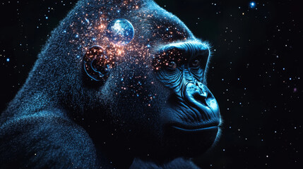 Poster - Abstract image of a gorilla head in the form of a starry sky or space, consisting of points, lines, and shapes in the form of planets, stars and the universe. Vector business wireframe concept