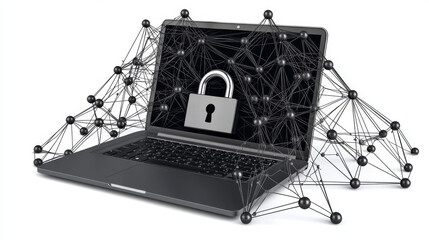 Poster - Information lock low poly wireframe illustration. Polygonal personal data protection, network defense, internet connection security mesh art. 3D laptop and closed padlock with connected dots