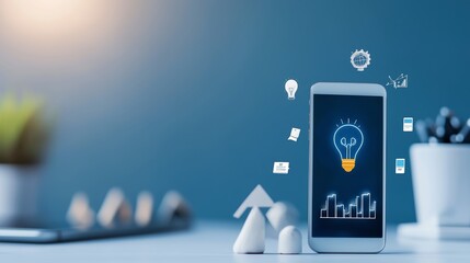 Poster - modern smartphone displays light bulb icons representing innovation and ideas in a creative workspac