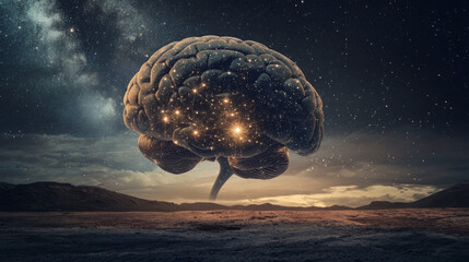Poster - world in brain. globe on human brain background. vector low poly wireframe in the form of starry sky
