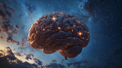 Poster - world in brain. globe on human brain background. vector low poly wireframe in the form of starry sky