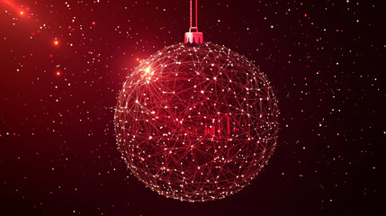 Poster - christmas ball low poly wireframe. Vector polygonal image in the form of a starry sky or space, consisting of points, lines, and shapes in the form of stars. New Year red concept with lettering.