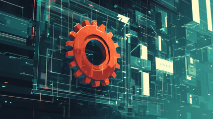 Wall Mural - Gears on computer background. Low poly wireframe vector polygonal illustration. Digital computer service concept. Isolated gearing on screen. Mechanical technology machine engineering symbol.