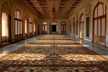 Poster - Ornate hall, marble floor, patterned rug, sunlight.