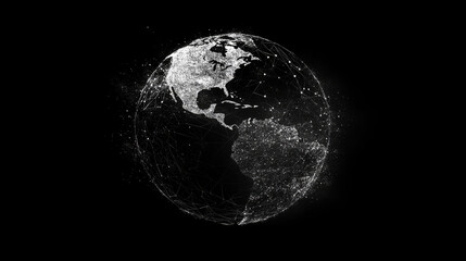 Poster - Abstract mash line and point of Globe origami on black background with an inscription. Polygonal image of Planet Earth with distruction effect. Vector world illustration. Glitch title.