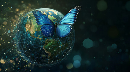 Aufkleber - digital butterfly launching out from technology globe earth. abstract technology innovation concept.