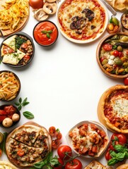 Poster - Variety of Italian, Japanese, and Mexican dishes beautifully arranged on a white background, inviting culinary exploration and enjoyment. Generative AI
