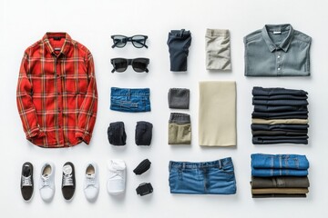 Aufkleber - Various clothing pieces such as shirts and pants organized on a white background, ideal for showcasing styles with ample copy space. Generative AI