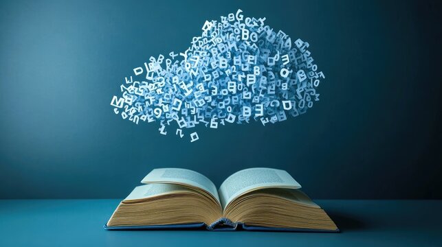 Flying paper cut letters and numbers forming a cloud above an open book, symbolizing dyslexia and learning