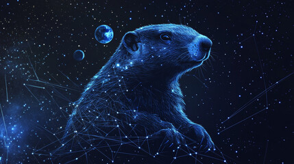 Poster - Abstract image of a groundhog in the form of a starry sky or space, consisting of points, lines, and shapes in the form of planets, stars and the universe. Marmot vector wireframe concept. Woodchuck