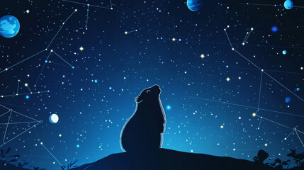 Poster - Abstract image of a groundhog in the form of a starry sky or space, consisting of points, lines, and shapes in the form of planets, stars and the universe. Marmot vector wireframe concept. Woodchuck