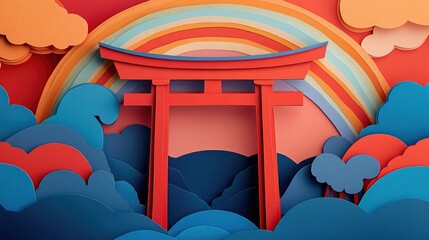 Sticker - Paper cut illustration of a Torii gate with a bold rainbow stretching across a twilight sky