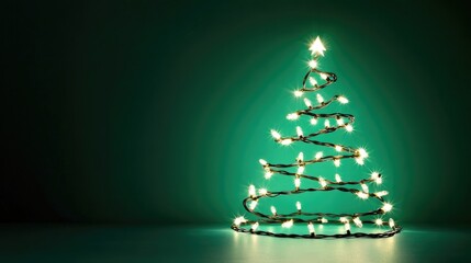 Canvas Print - String lights shaped like a Christmas tree on a bright green background, creating a minimalist holiday vibe