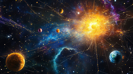 Poster - abstract image of hacker activity in the form of a starry sky or space, consisting of points, lines,