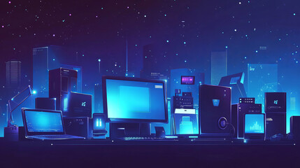 Poster - Laptop and Monitor. Computers themes in low-poly wireframe starry sky and cosmos style. Technology and devices concept. Abstract vector computerization theme in blue color. Devices polygonal theme