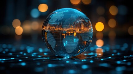 Poster - Abstract digital globe displaying a vibrant cityscape with glowing lights, representing global connectivity and the modern world in a tech-inspired setting