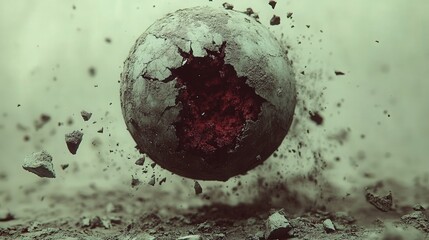 Poster - Cracked Sphere Surrounded by Debris in a Dreamlike Environment, Evoking a Sense of Mystery and Intrigue with a Unique Color Palette of Greens and Reds
