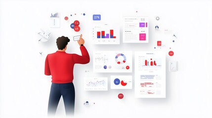Poster - Business analyst reviewing data analytics and performance metrics in an office setting using digital dashboards and charts