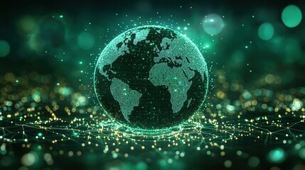 Poster - Futuristic digital globe composed of glowing green particles and lights, showcasing interconnected dots and lines over a shimmering backdrop, representing technology and connectivity.