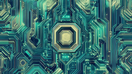 Poster - AI semiconductor or chip with thin line circuit on technology background. Blue green tech bg. Digital computer electronics concept. Artificial Intelligence banner. Futuristic vector illustration.