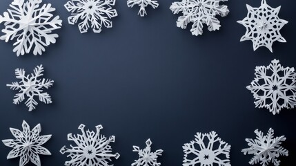 Leinwandbilder - Delicate paper snowflakes are arranged beautifully against a dark background, offering a perfect spot for custom messages or festive greetings. Generative AI