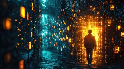 Poster - Artistic Scene Showcasing Vulnerabilities in Cybersecurity with Abstract Digital Elements
